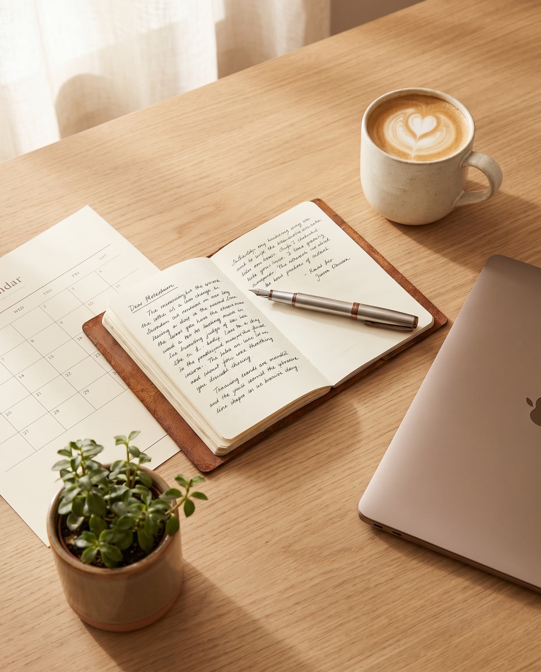 Plan de travail éditorial : carnet manuscrit, calendrier imprimé, tasse de café, ordinateur — préparation pédagogique